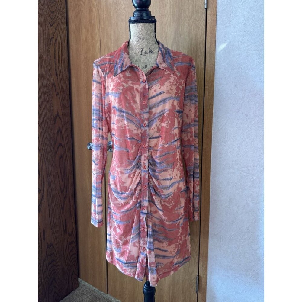 Womens 2 Sets Dress Orange Mesh Button Down Cover Up Slip Dress LARGE Beach Chic - Picture 2 of 11